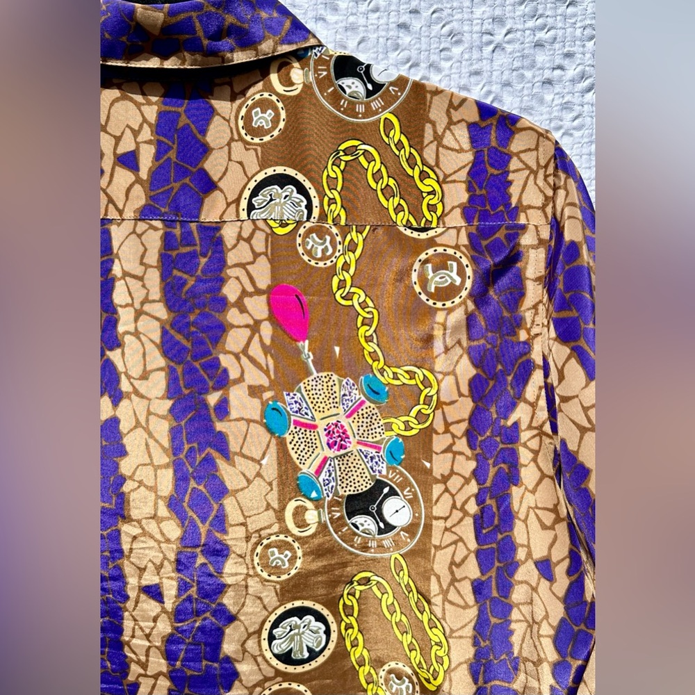 Vintage LouBella Baroque Chain Print Satin Blouse Gold Purple Sz 8 - Picture 8 of 9